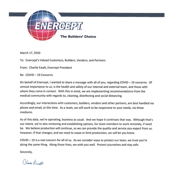 COVID-19 letter from Enercept President