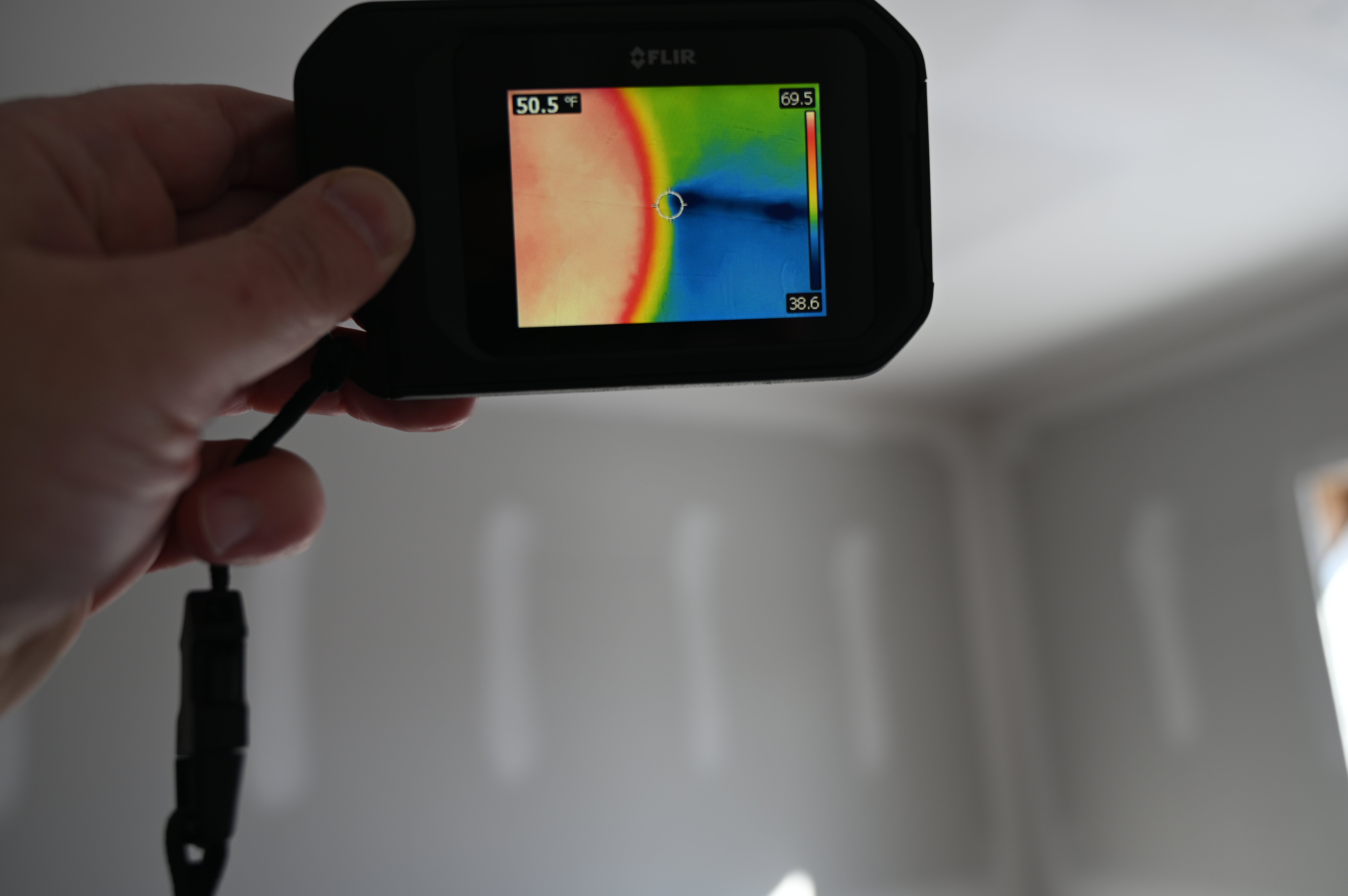 Thermal Camera displaying where cold air is leaking into the building envelope of a SIP built duplex