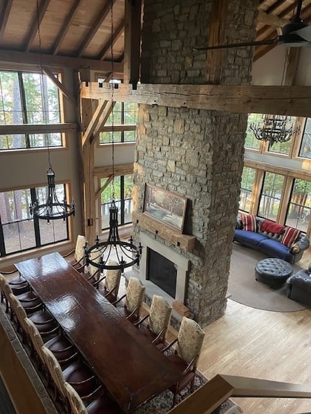 Fireplace centerpiece in Timberframe SIP Home