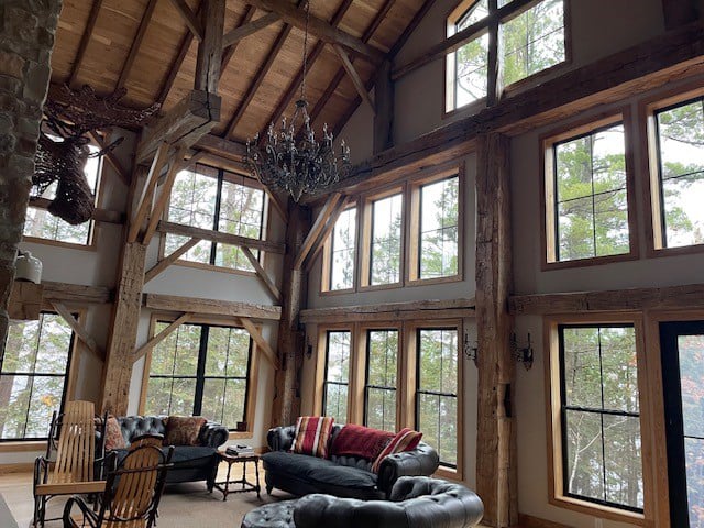 Timberframe Cabin Living room with energy efficient Windows